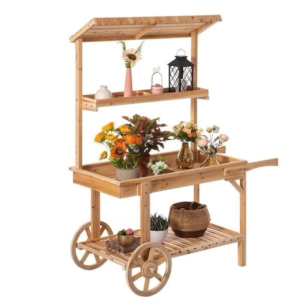 Vintiquewise Solid Wood Decor Display Rack Cart Wood Plant Stands, 2 Wheeled Wood Wagon with Shelves QI004293 - main
